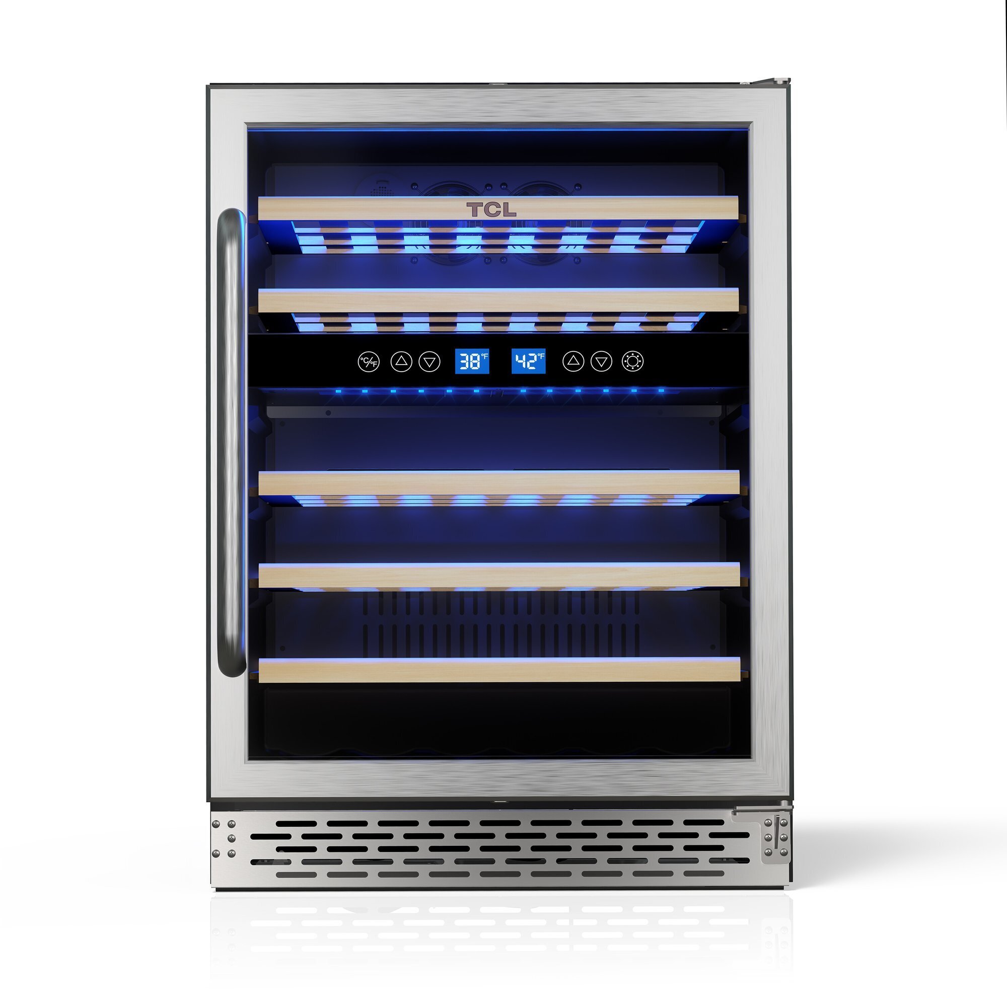 TCL 46 Bottle Wine Cooler, Dual Zone, Digital Controls, LED Lighting, Glass Doors, Model# TRW46B8AS